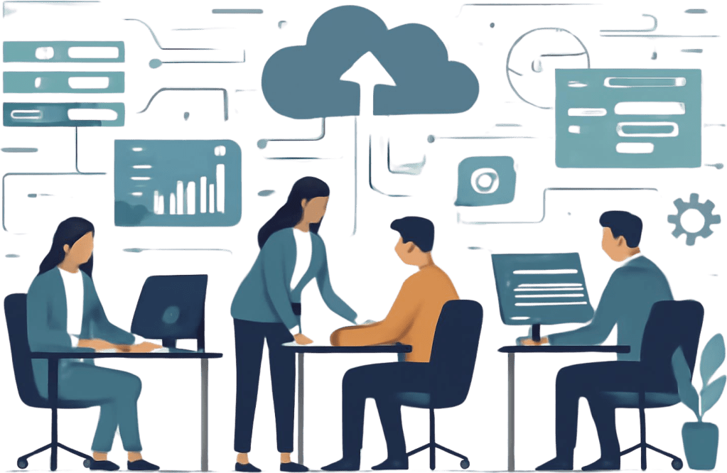 An illustration of four diverse professionals working collaboratively in an office setting. Two individuals are seated at tables with laptops, while another is engaging with a colleague over a clipboard. Background graphics depict cloud technology and data analytics elements.