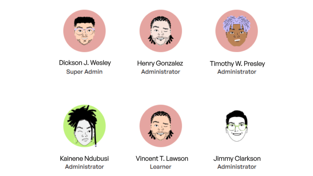 Illustration of six diverse individuals in a grid layout, each with distinct hairstyles and glasses. Names and roles are displayed below each portrait: Dickson J. Wesley (Super Admin), Henry Gonzalez (Administrator), Timothy W. Presley (Administrator), Kainene Ndubusi (Administrator), Vincent T. Lawson (Learner), and Jimmy Clarkson (Administrator).