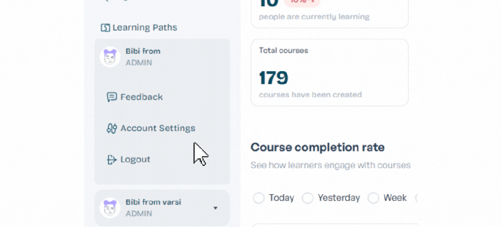 A screenshot of an administrative dashboard displaying learning statistics. The sidebar features options like 'Learning Paths', 'Feedback', 'Account Settings', and 'Logout', along with a profile section for 'Bibi'. The main area shows metrics including 'people currently learning' and 'total courses created'.