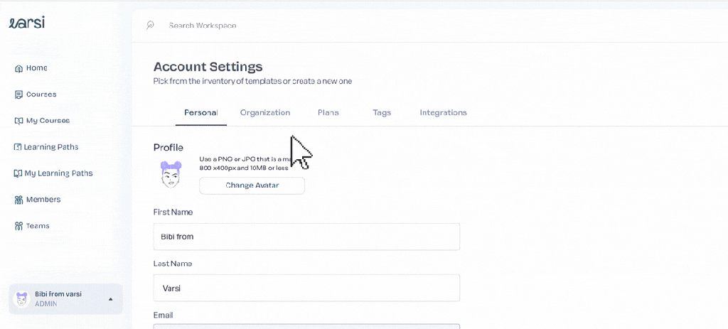 An animated GIF demonstrating the account settings interface of a platform, showing options for personal details like first name, last name, email, and avatar change.
