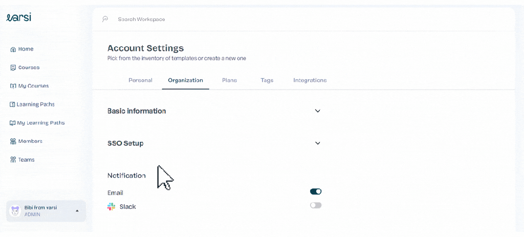 A screenshot of account settings in a workspace application, featuring sections for organization, SSO setup, and notification options, including toggles for email and Slack notification.