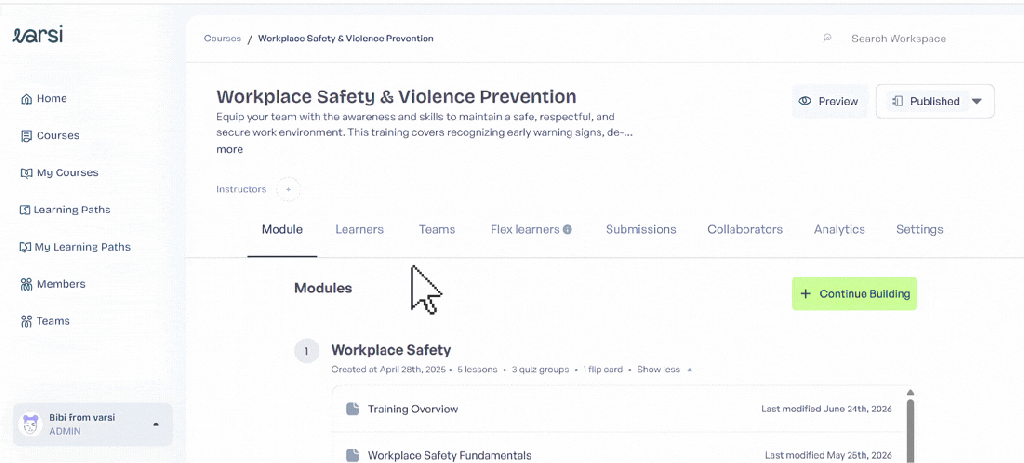 Screenshot of a workplace safety and violence prevention training module, showing course details and navigation options.